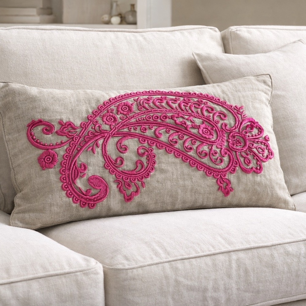 NWT Magaschoni Linen Embroidered Lumbar Pillow Cover Pink 12x20 Boho
